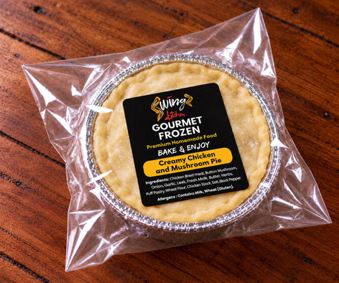Creamy chicken and mushroom frozen pie by Swingz Kitchen, ready to bake.