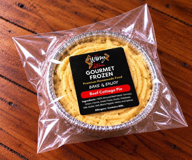 Swingz Kitchen beef cottage pie in a foil container, ready to cook.
