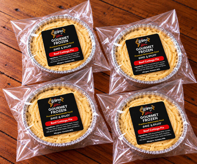 Swingz Kitchen Beef Cottage Pie four-pack of individual frozen portions.