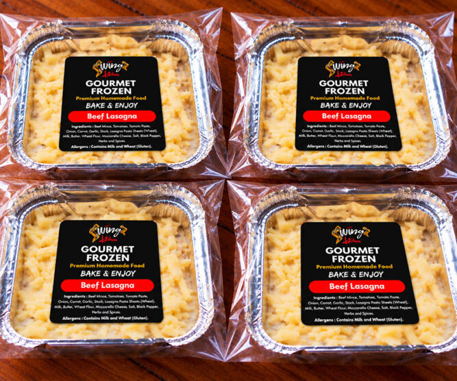 Swingz Kitchen Beef Lasagna four-pack of individual frozen lasagna portions.