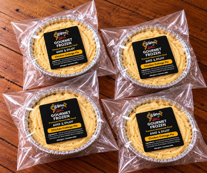 Swingz Kitchen Chicken Cottage Pie four-pack of individual frozen portions.