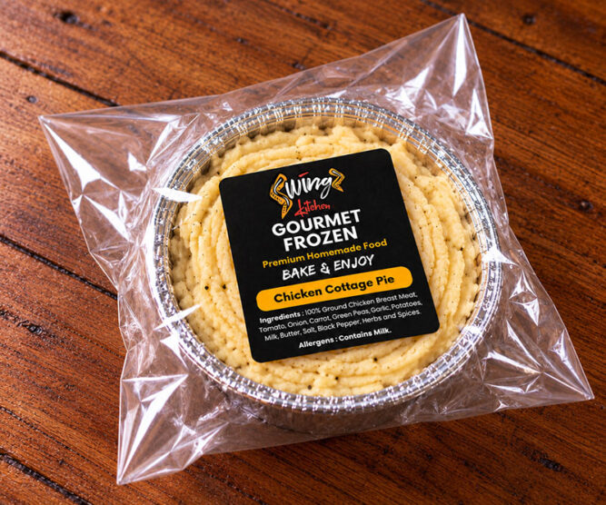 Swingz Kitchen chicken cottage pie in a foil container, ready to cook.