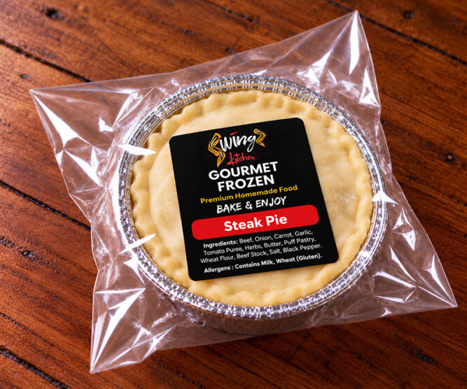 Swingz Kitchen homemade frozen steak pie in a foil container, ready to bake.