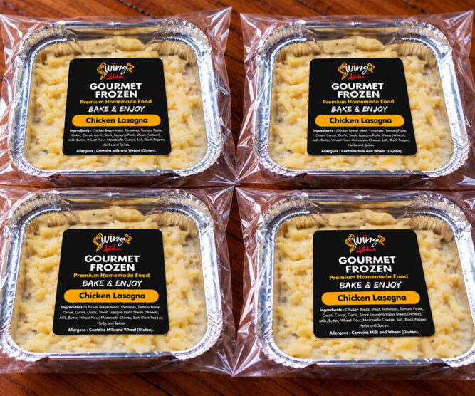 Swingz Kitchen Chicken Lasagna four-pack of individual frozen lasagna portions.