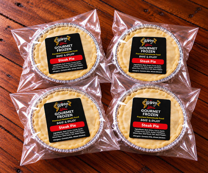 Swingz Kitchen Steak Pie four-pack of individually packaged frozen pies.